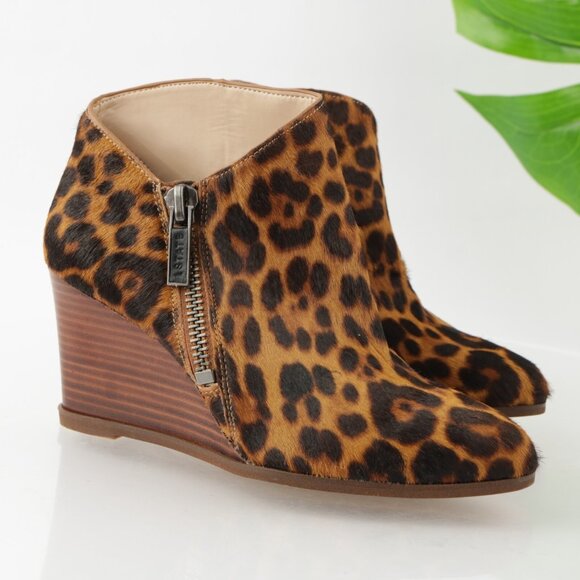 1.STATE Womens Kaleb Boot Size 7 Brown Pony Calf Hair Leopard Wedge Zip Bootie - Picture 1 of 12